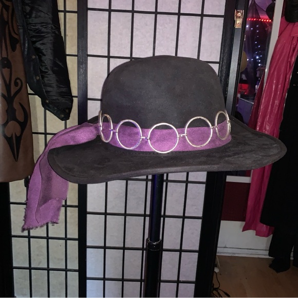 Vintage Jimi Hendrix Black velvet and Purple scarf Wide-Brim Hat - Picture 1 of 6